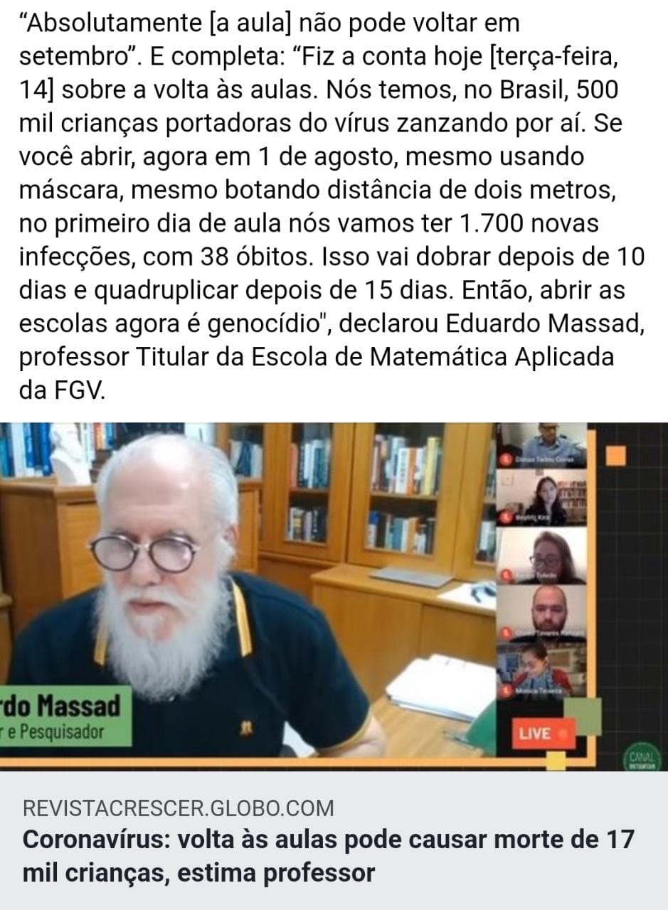 Projeção de matemático da FGV estima 17 mil mortes caso as aulas voltem em setembro