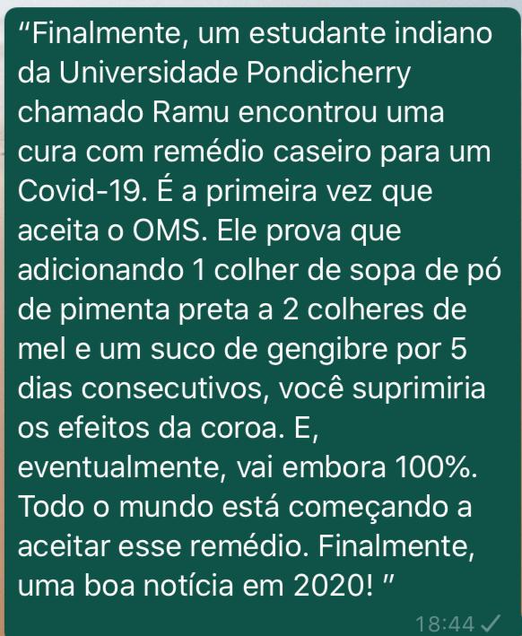 Mistura de pimenta com mel e gengibre NÃO cura a Covid-19