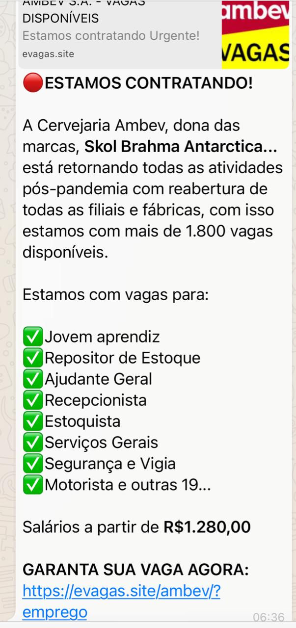 Ambev NÃO está disponibilizando mais de 1.800 vagas de emprego
