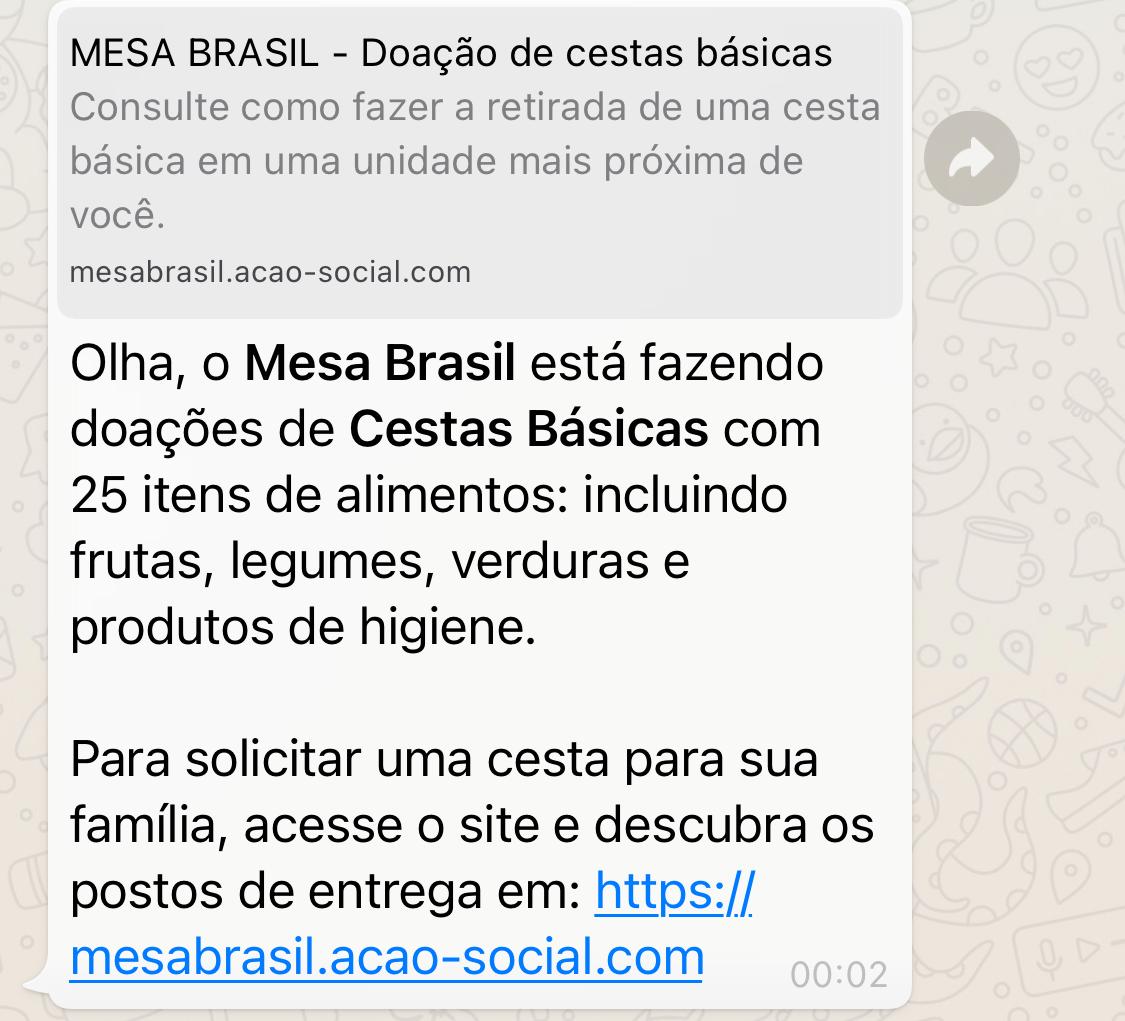 Mesa Brasil NÃO está doando cestas básicas através de link do WhatsApp