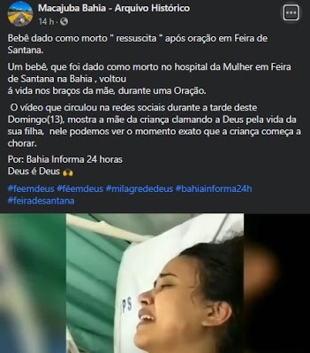 Bebê dado como morto não ressuscita após oração em Feira de Santana na BA