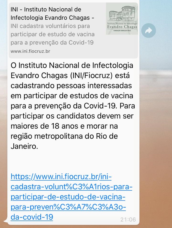 Fiocruz está cadastrando pessoas interessadas em participar de estudos da vacina para prevenção da Covid-19