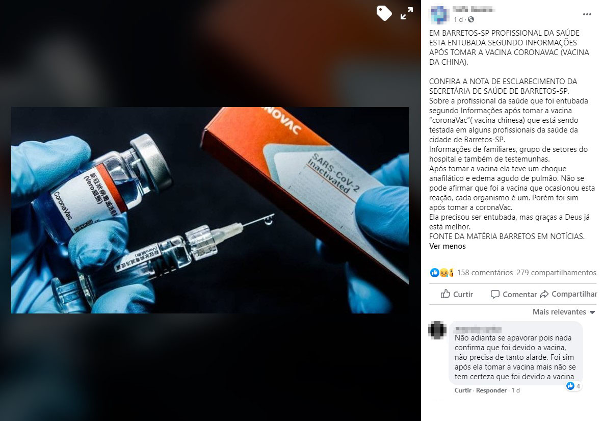 Profissional de saúde NÃO foi entubada após tomar vacina chinesa contra Covid-19
