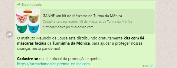 Instituto Mauricio de Sousa estaria distribuindo kits com máscaras da Turma da Mônica