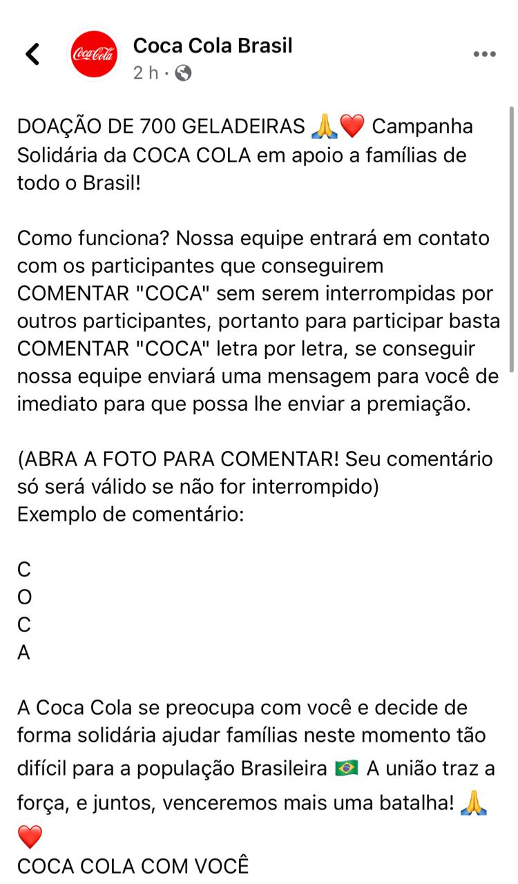 Coca-Cola NÃO está doando geladeiras em campanha solidária