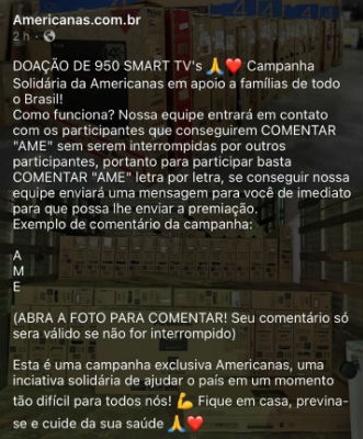 Lojas Americanas NÃO está doando 950 smarts TVs em campanha solidária