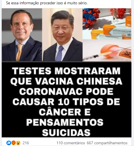 CoronaVac NÃO causa câncer e nem pensamentos suicidas