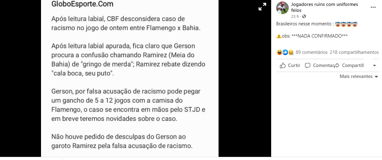 CBF NÃO desconsiderou caso de racismo no jogo do Flamengo contra Bahia
