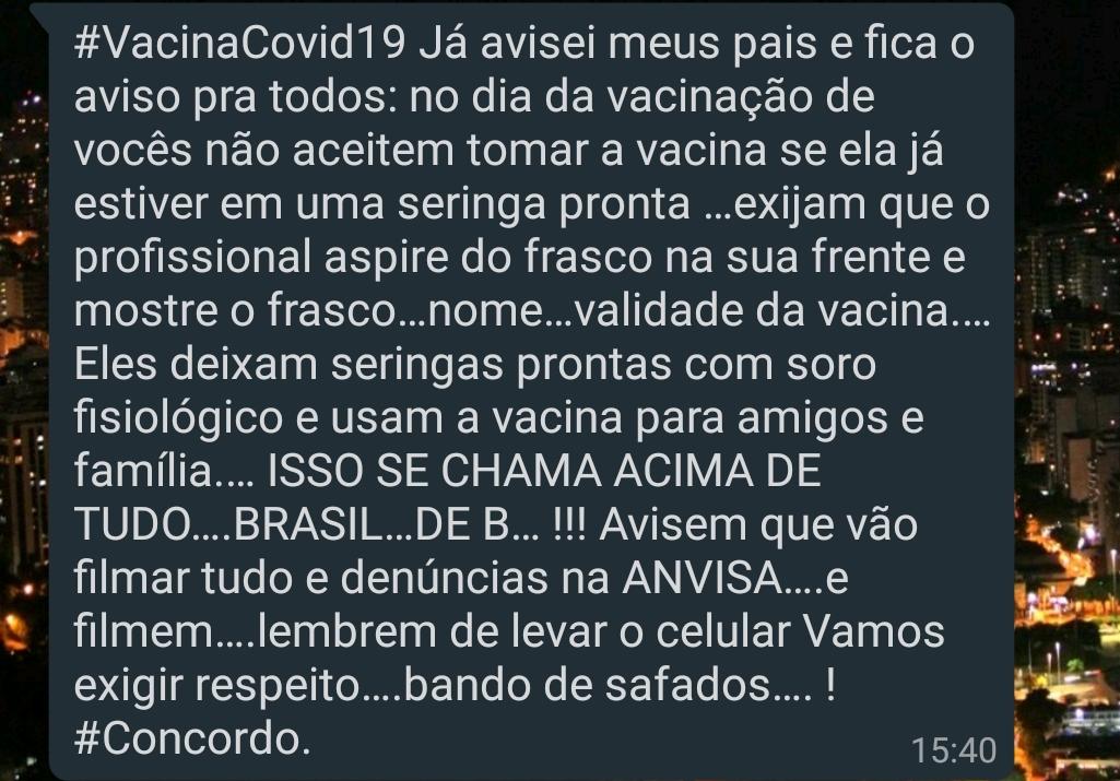 Soro fisiológico NÃO está sendo aplicado no lugar de doses das vacinas de Covid-19